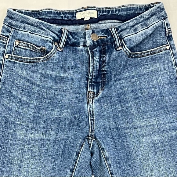 TRU Luxe Skinny Ankle Denim Blue Jean Medium Wash w Frayed Tiered Hem Size 6 - Picture 2 of 11